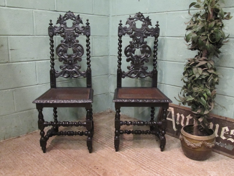 ANTIQUE PAIR 19TH CENTURY CARVED OAK HALL CHAIRS  W7473/27.5