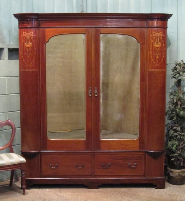Antique Large Edwardian Mahogany Inlaid Double Wardrobe with Secret Compartments w7493/17.6
