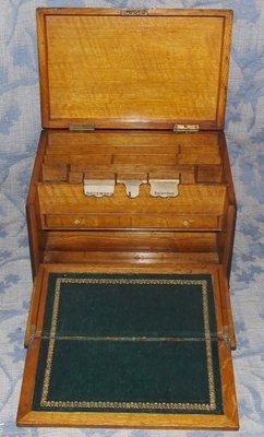 Antique Victorian Oak Stationary Box / Writing Slope with Date Calendar Cards