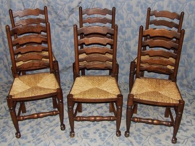 Matching Set of 6 Antique Style Ladder Back Chairs with Rush Seats