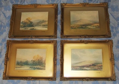 FOUR Antique Gilt Gilded Framed Prints signed R. Southey : Dartmoor / The Dart