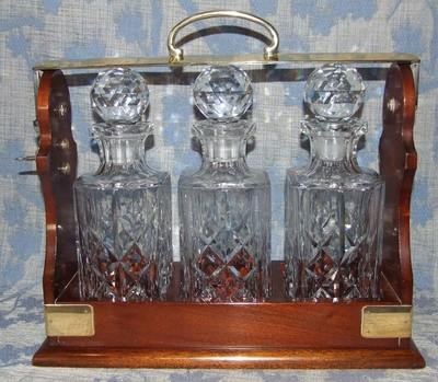 Antique Antique STYLE Mahogany Cased TANTALUS with 3 Lead Crystal Decanters : PB & S