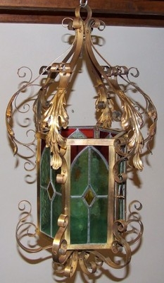 Stunning Antique EDWARDIAN Brass & Stained Glass Lamp Lantern
