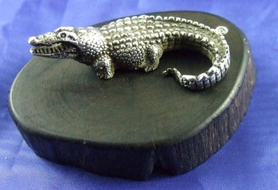 Miniature Sterling Silver Crocodile Figurine Figure on Blackwood Base