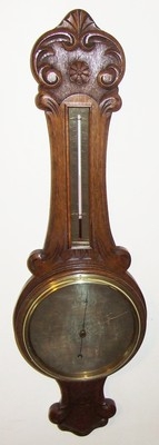 Antique Carved Oak Banjo Barometer and Thermometer with Brass Dial (a53)