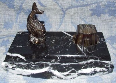 Antique Art Deco Marble Base & Spelter Ink Stand / Inkwell / Pen Rest with Fish