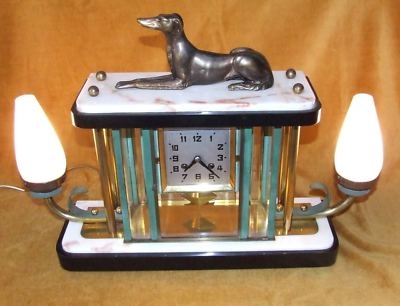 ART DECO Marble Clock Lamp with Bronze Dog by S. MELANI