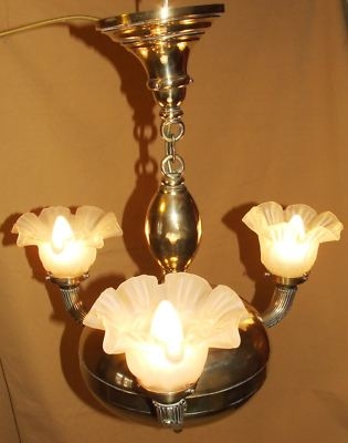 French Brass and Glass Shades 3 Branch Chandelier (07)