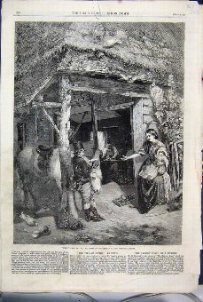 Print 1860 Village Smithy Mother Baby Horse Birds 