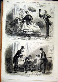 Print 1864 Pictorial Scenes Man Woman Umbrella Lam