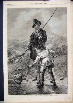 Print 1865 Catching Fish Nets River Man Boy Winter