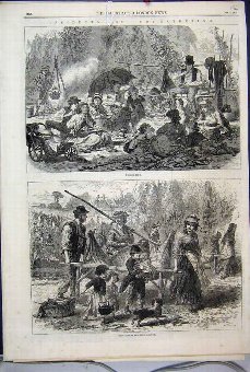 Print 1867 Hop Gathering Eating Children Women Tre