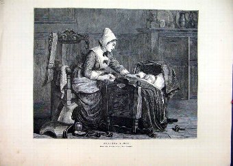Print 1871 Nurse Little Baby Cot Sleeping Fine Art