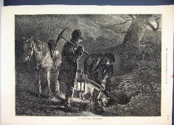Print 1872 Hunting Season Horse Dog Lantern Diggin