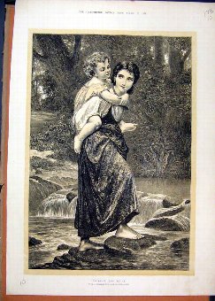 Print 1872 Woman Liitle Girl Crossing River Barefo