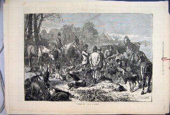 Print 1873 Fox Hunting Resting Horses Dog Men Vict