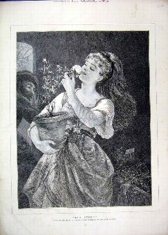 Print 1875 Beautiful Young Girl Smelling Flowers A