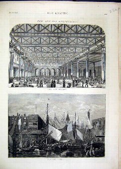 Print 1875 Billingsgate Market New Old Boats Insid