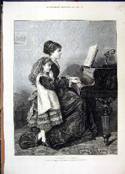 Print 1875 Piano Music Mother Child Water Colour P