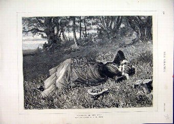 Print 1875 Woman Lying Grass Thoughtfull Trees Cou