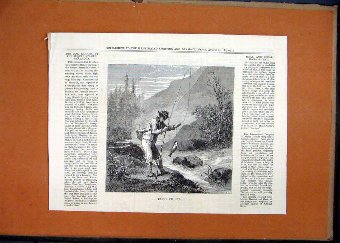 Print 1877 Man Trout Fishing River Mountain Scene 