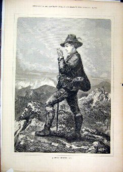 Print 1877 Swiss Shepherd Boy Hat Stick Mountain S