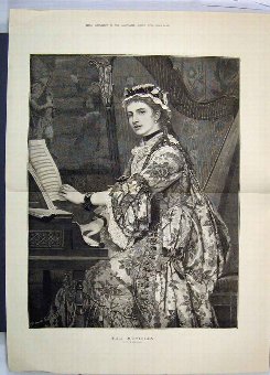 Print 1877 Woman Musician Portrait Harp Piano Fine