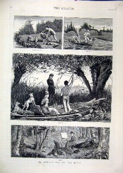 Print 1879 Artist River Lunch Fishing Boating 70MA