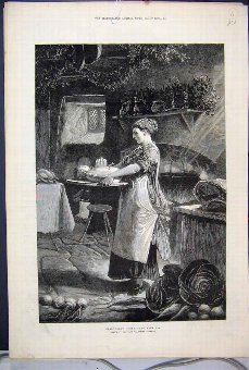 Print 1879 Cooking Christmas Dinner Woman Kitchen 
