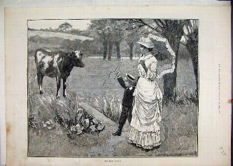 Print 1883 Country Scene Woman Boy Cow Victorian F