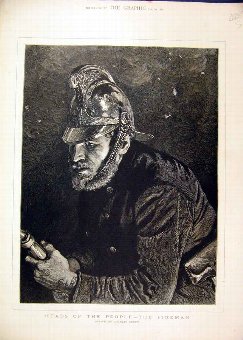 Print 1880 Heads People Fireman Helmet Hose Drawin