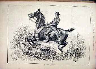 Print 1880 Horse Rider Jumping Fence Country Scene