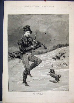 Print 1880 Man Snow Violin Dog Sheep Dancing Old 2