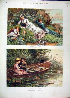Print 1882 Colour Woman Children Man Fishing Roman