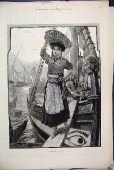 Print 1882 Fisher Girl Basket Lisbon Sea Ship 38MA