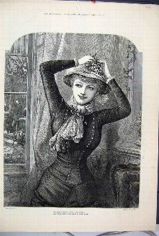 Print 1882 Woman Flower Hat Beautiful Victorian Fi