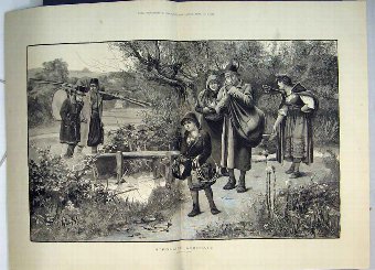 Print 1883 Acrobats Strolling Country Scene Music 