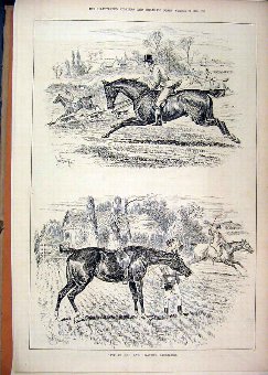 Print 1883 Hunting Hounds Horses Men Country Scene