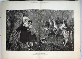 Print 1883 Little Girls Flowers Woodland Scene Dee