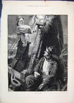 Print 1883 Men Fishing Boat Night Scene Beautiful 