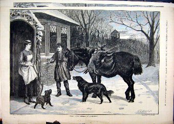 Print 1883 Snow Scene Boy Horse Dog Hare Bird Woma