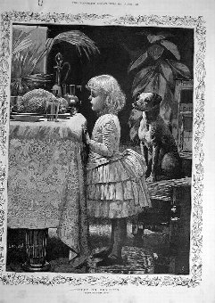 Print 1885 Davis Child Girl Dog Dinner-Table Fine 