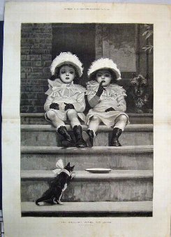 Print 1884 Dog Cat Two Little Girls Sitting Outdoo