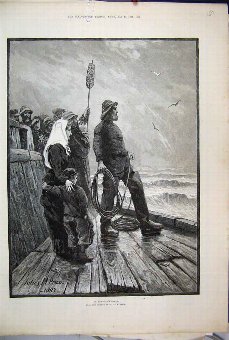 Print 1884 Fisherman Rescue Children Stormy Sea Ar