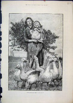 Print 1884 Woman Child Geese Country Scene 93MAR1
