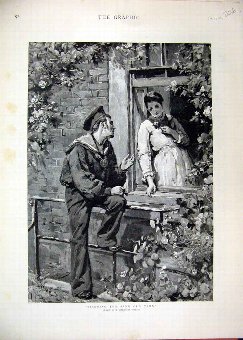 Print 1885 Romance Man Woman Window Flowers 06MAR1