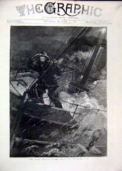 Print 1886 Ship Look Out Stormy Night North Sea Fi