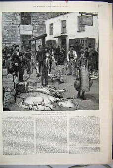 Print 1888 Fish Sale Polperro Cornwall Market Vict