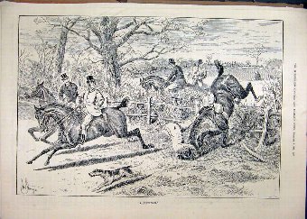 Print 1888 Horses Hunting Jumping Fence Man Fallin