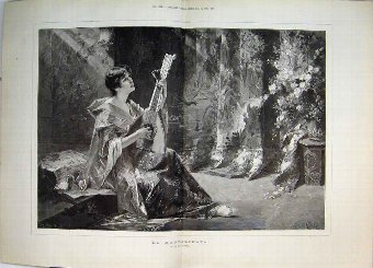 Print 1888 La Mandolinata Girl Music Sitting Flowe